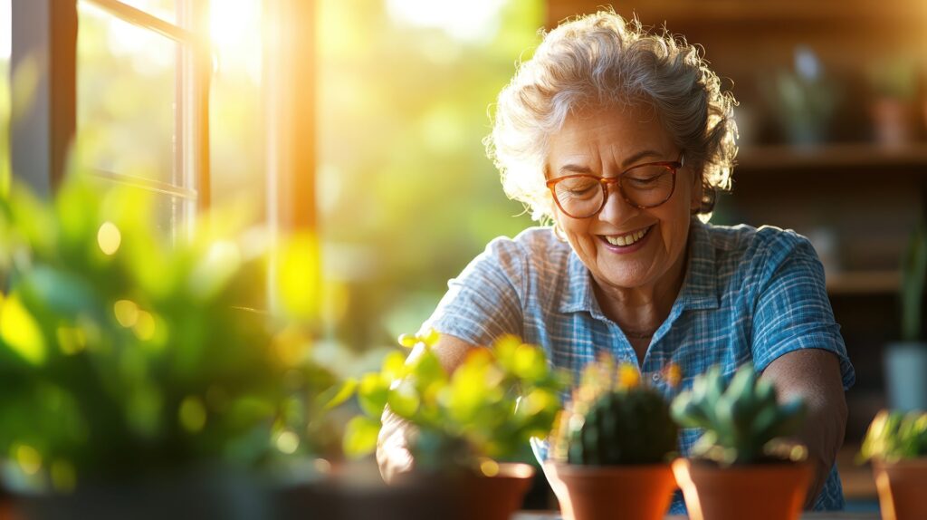 Older woman, smiling, gardening