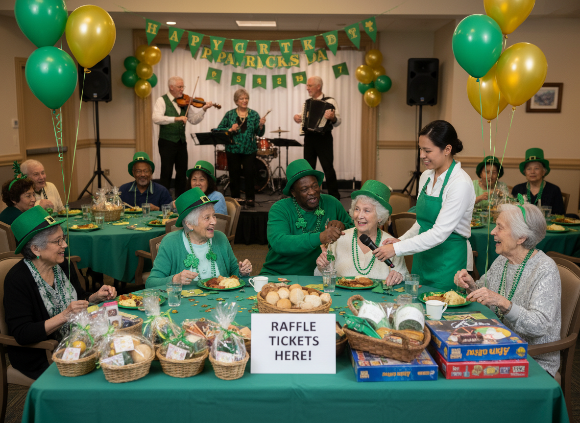 senior living facility st. patricks day music raffles and lunch