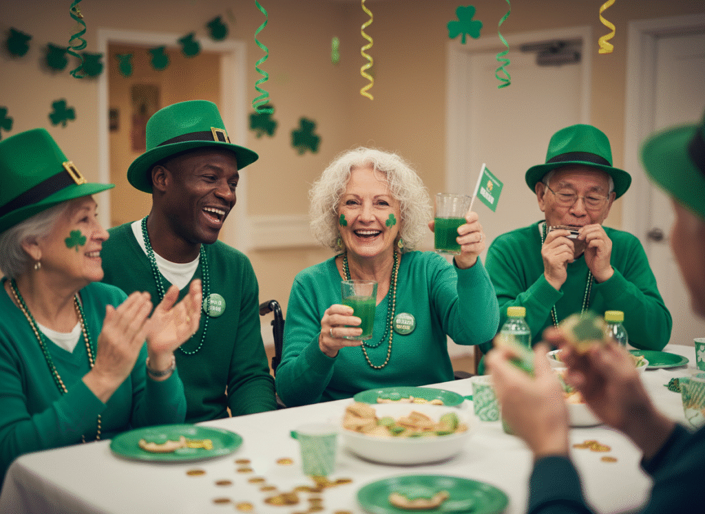 shamrock social st. patricks day at a senior living facility diverse group up close