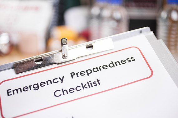 Emergency preparedness checklist and natural disaster supplies.